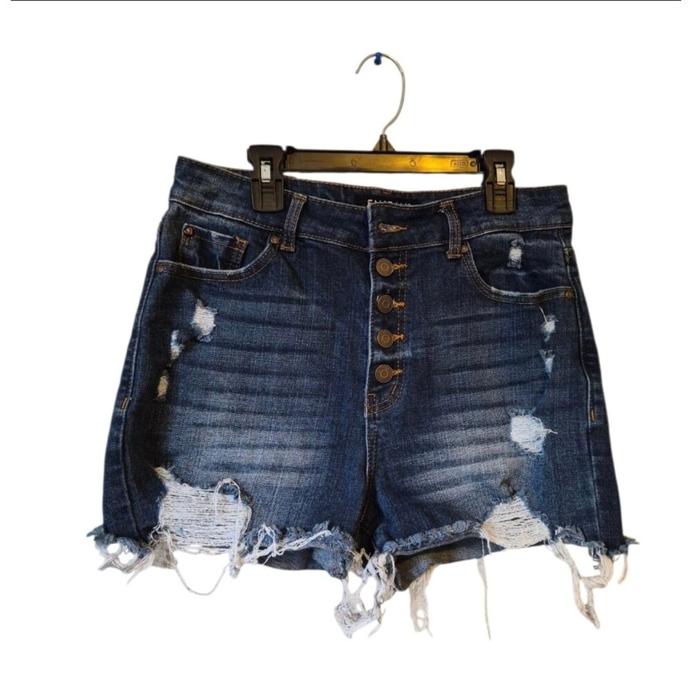 ENJEAN High Rise Distressed Denim Shorts Button Fly Cut Off Large